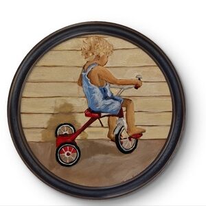 Round Canvas Painting of Child on Tricycle